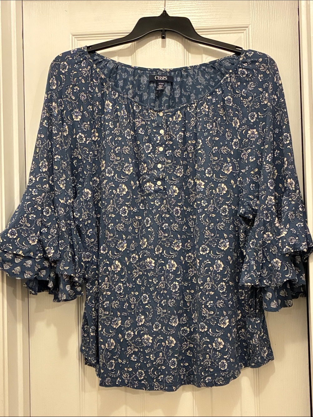 Chaps Blue Floral Ruffle-Sleeve Blouse
